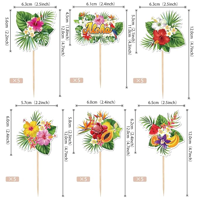 30 PCS Tropical Cupcake Toppers Summer Hawaiian Plants Flowers Fruits Cupcake Picks Luau Palm Leaves Cupcake Decorations for Tropical Aloha Theme Baby Shower Birthday Party Cake Decorations Supplies
