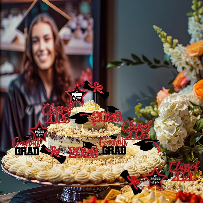 48 PCS Graduation Cupcake Toppers, Glittery 6 Styles Congrats Grad Cake Topper, Black and Red Graduation Decorations 2026, Cap and Diploma Cake Picks for Grad Party Supplies