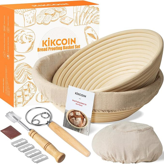 Kikcoin 9" & 10" Banneton Bread Proofing Basket Set, Round Banneton Basket for Sourdough Baking, Baking Supplies with Linen Liner, Bread Lame & Dough Whisk, Sourdough Proofing Tools