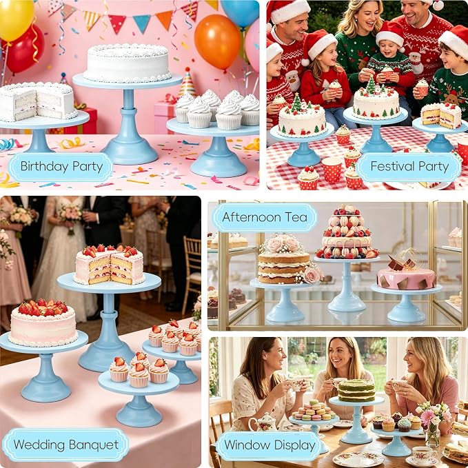 Three-piece Cake Stand Set, Metal Round Trays, 8-inch, 10-inch, and 12-inch, for Dessert Table displays; Perfect for Christmas, Thanksgiving, Birthdays, Weddings, and Other Celebrations(Blue)