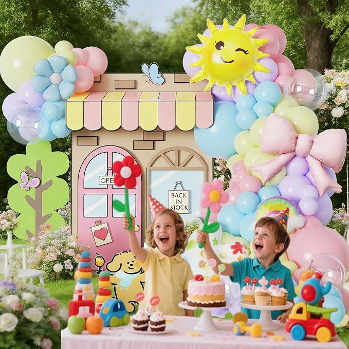 Macaron Pastel Rainbow Balloon Arch Kit,136Pcs Blue Dog Balloon Decor with Rainbow Sun Foil Balloons for Gender Neutral Baby Shower Birthday Kindergarten Classroom Fairy Tale Party Decor