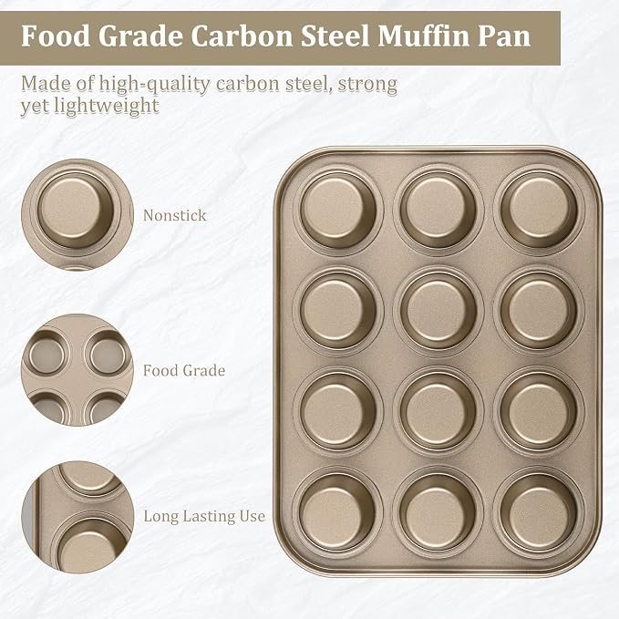 Mini Muffin Pan, Premium Small Cupcake Pans, Carbon Steel 12-Cup Muffin Tin, Versatile Non-Stick Bakeware