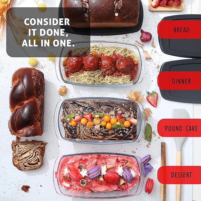 EATEX Glass Bread Pans for Homemade Bread Baking, 1.9 Quart Deep Rectangular Glass Food Storage Containers with Lids, 3 Bread Loaf Pans 3 Airtight Lids Black Microwave Oven & Freezer Safe