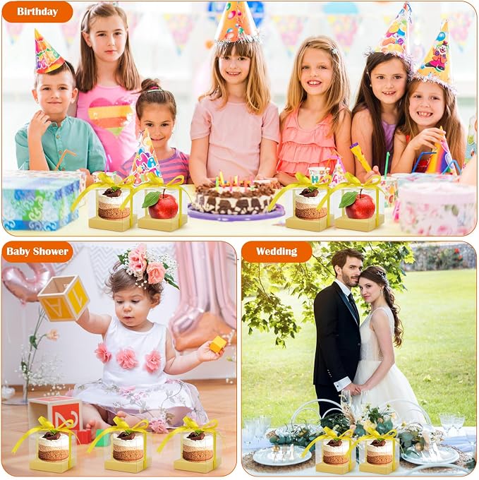 12 Pack Clear Plastic Cupcake Boxes, 3.5 Inch Gold Single Cupcake Containers Disposable Individual Cup Cake Carrier Holder Boxes with Inserts and Ribbon (Yellow)