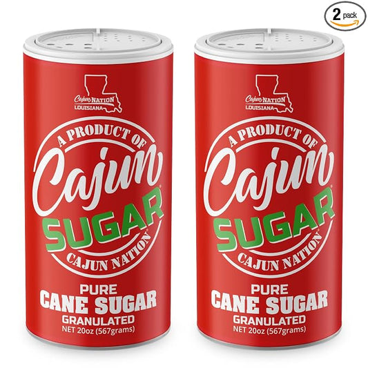 Cajun Nation CAJUN SUGAR 100% Pure Cane Sugar – White Sugar 20oz Canister, Natural Sugar for Coffee, Tea, Baking – Sugarcane Sweetness – The Sweet Is Right – Geaux Get the Red Can! 2-Pack