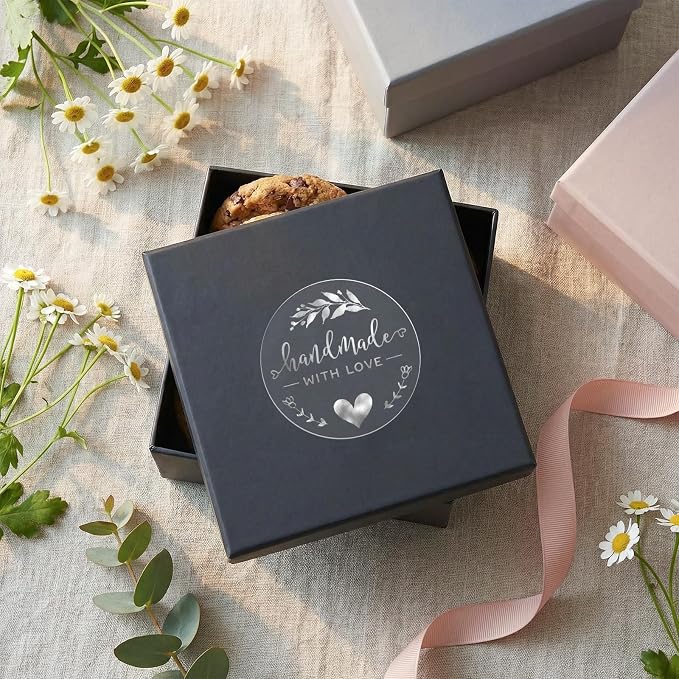Handmade with Love Stickers 100 Pcs, Silver Foil Transparent Labels for Small Business Packaging, 1.6 Inch Round Thank You Stickers for Gift Wrap, Bakery Boxes, Envelopes (Silver Foil)