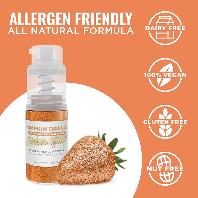 Bakell - Pumpkin Orange Tinker Dust (4g, 1x Mini Spray Pump) Edible Glitter for Food, Desserts, and Baked goods!