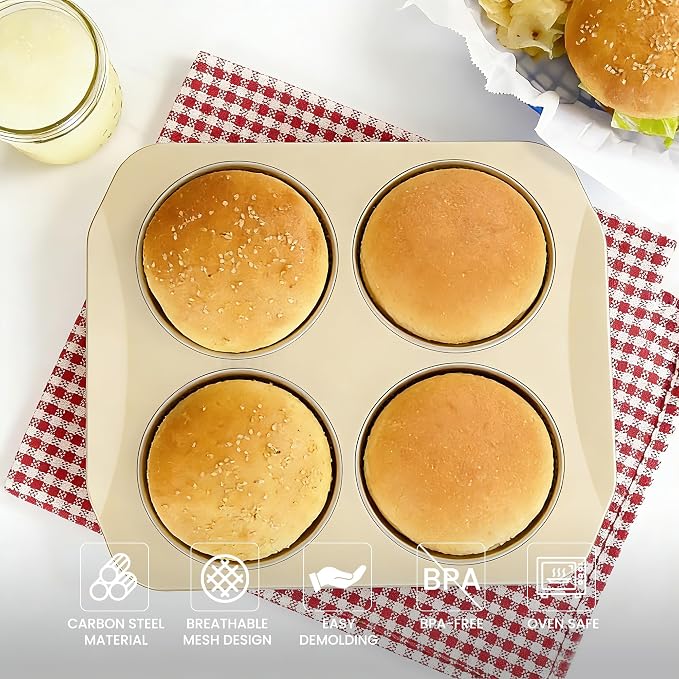 Hamburger Bun Pan for Baking, 4-Cavity 5 Inch Nonstick Bun Baking Pan, Perforated Carbon Steel Bread Pan for Homemade Burger Buns, Sandwich Rolls, Baking Tray