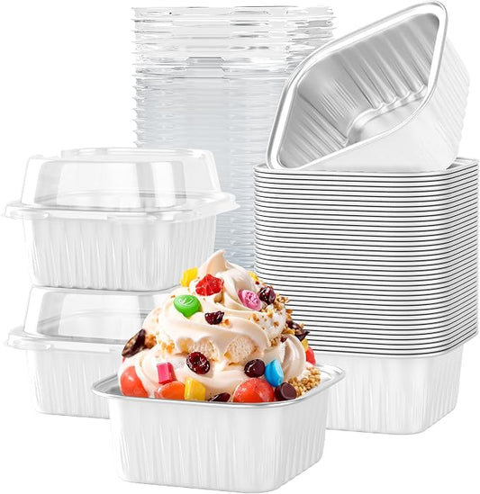 40 Pack 5 OZ Mini Cake Pans with Lids, Disposable Square Aluminum Foil Brownie Baking Cups, Mini Aluminum Foil Cupcake Muffin Tin Ramekins, Flan Molds Cake Containers for Wedding Birthday Party, White