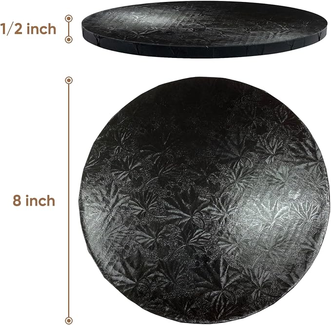 Cakebon Round Cake Boards - Sturdy 1/2 Inch Thick Cake Drums - 8 Inch Professional Base para Pastel Fully Wrapped Edges Black 3-Pack