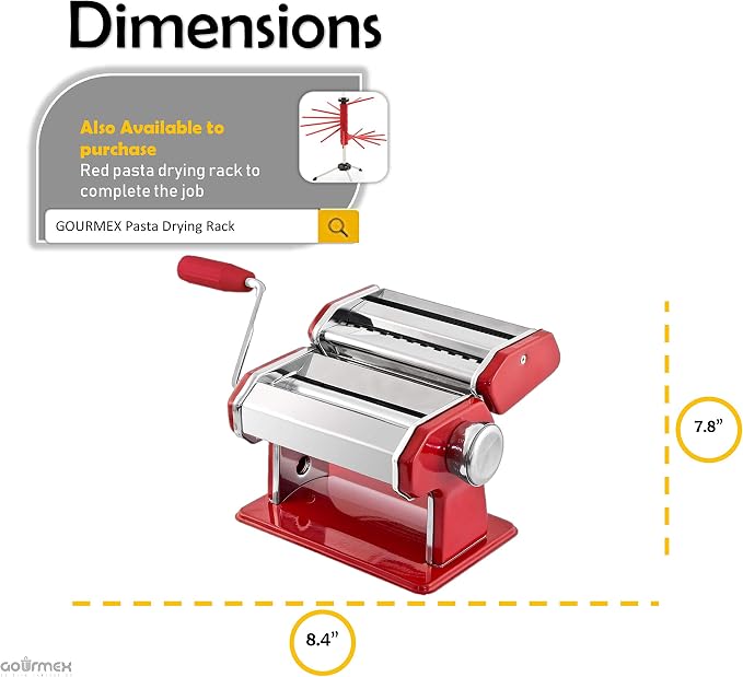 Stainless Steel Manual Pasta Maker Machine | With Adjustable Thickness Settings | Perfect for Professional Homemade Spaghetti and Fettuccini | Includes Removable Handle and Clamp (Red)