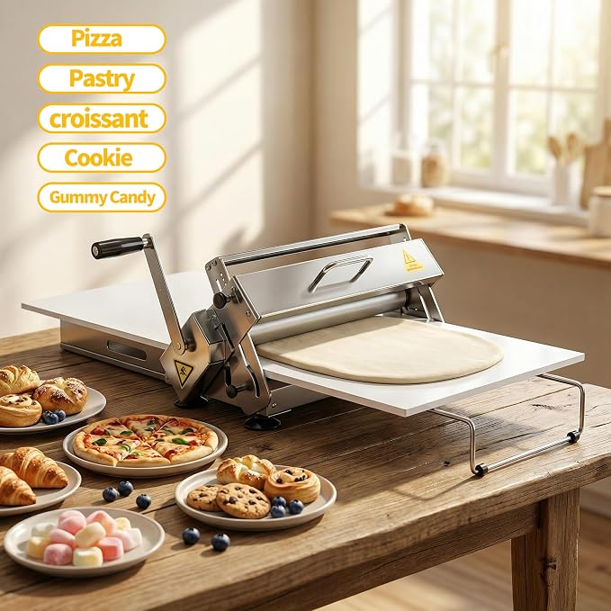 THOUSANDSUNNY Folding Manual Dough Sheeter, Stainless Steel Dough Rolling Machine Pizza Pastry Puff Maker Tool for Home | 0 to 25 mm Thickness, Hand Crank, Foldable Storage, Smooth Rolling, For Pizza Pastry Croissant Fondant Home Baking
