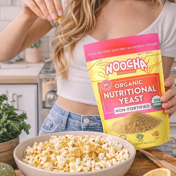 NOOCHA Organic Nutritional Yeast Flakes – Non-Fortified, Vegan Cheese Seasoning, Dairy-Free, Gluten-Free, High Protein Savory Sprinkle for Popcorn, Pasta & Veggies – 8 oz