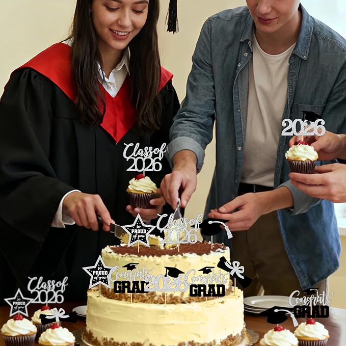 48 PCS Grad Cupcake Toppers, Congrats Graduation Cake Topper, Class of 2026 Black and Silver Graduation Decor, Glittery Cap and Diploma Cake Picks for Grad Party Decorations Supplies