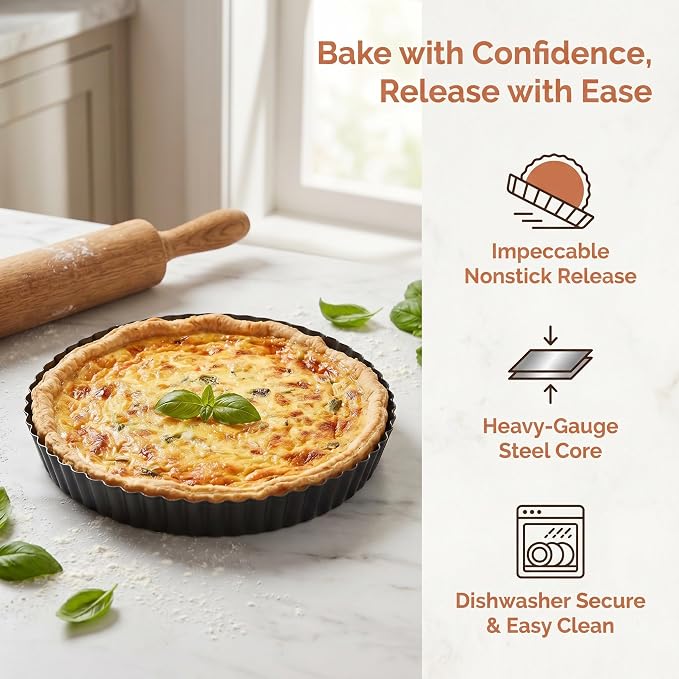9 Inch Black Classic Round Tart Pan with Removable Bottom – Nonstick & Versatile Bakeware for Quiche, Pies, Cheesecakes, and Holiday Desserts (Wedding, Valentine's Day, Christmas, Birthday)