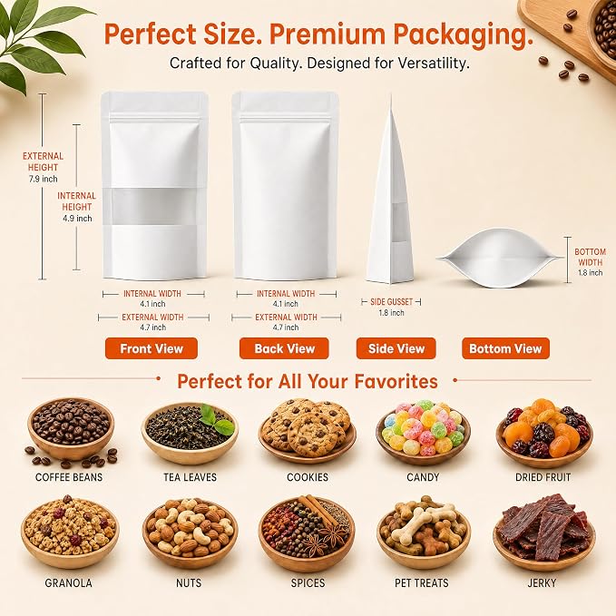 100 Pcs White Kraft Paper Bags with Window, 4.7" x 7.9" Stand Up Pouches Bags, Food Storage Bags for Packaging Products, Reusable, Sealable