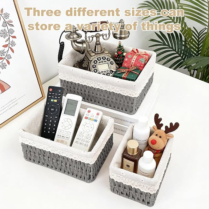 Wicker Storage Baskets 3-Pack Set, Hand-Woven Paper Rope Rattan Bins with Removable Liner, Multi-Size Organizer Baskets for Pantry, Countertop, Bedroom, Bathroom, Shelves (Grey, L+M+S)