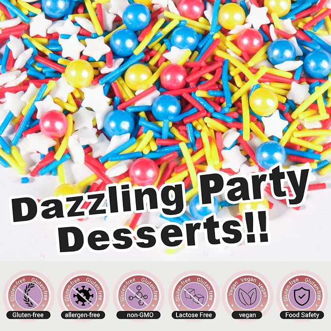 HUEBEATY 6-in-1 Cartoon Party Sprinkles for Cake Decorating – 180g Red Blue Yellow Cake Sprinkles with Flash Lightning Bolt Confetti, Jimmies, Nonpareils, Stars & Pearls – Edible Cakes, Cupcakes, Cookies & Ice Cream Topper Decorations (Primary)