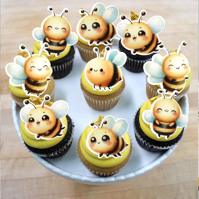 60 PCS Edible Bumble Bee Cupcake Toppers Waper Paper Honey Bee Party Cake Decorations Edible Oh Babee Cupcake Picks for Bee Theme Baby Shower Kids Boys Girls Birthday Party Food Decorations Supplies