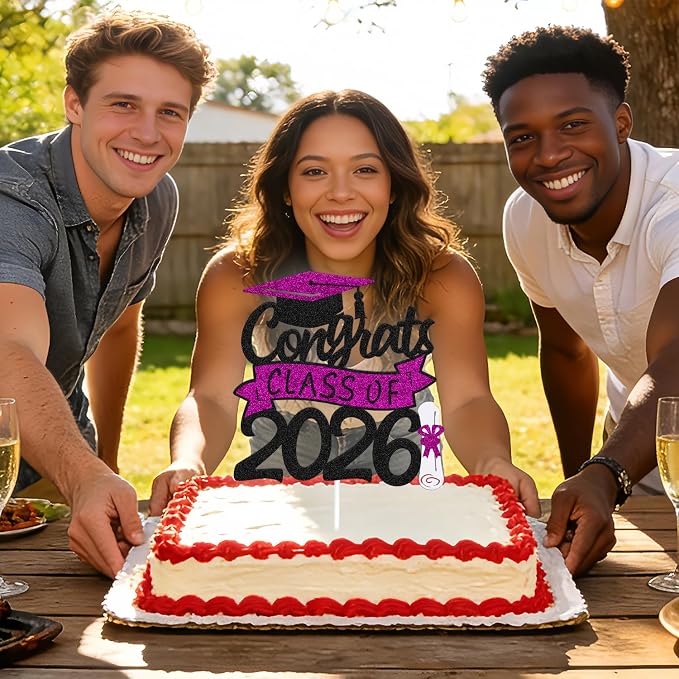 Congrats Class of 2026 Cake Topper Congrats Grad Cap Diploma Theme for High School Happy Graduation Party Supplies College Graduate Decoration (Purple)