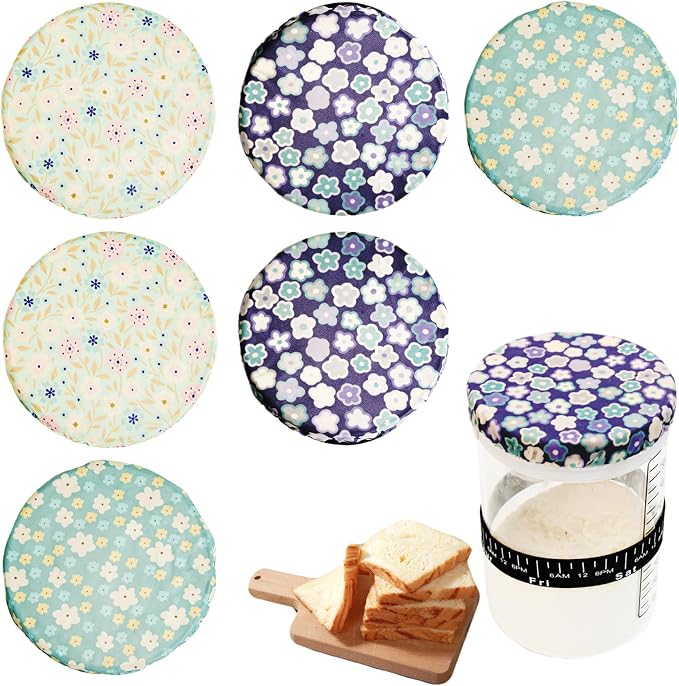 6Pcs Sourdough Starter Jar Cover 4 IN,Reusable Beeswax Bowl Covers,100% Organic Cotton & Natural Beeswax,Cotton Bread Fermentation Container,Bread Baking Supplies,Suitable for 3-4 In Mason Jars