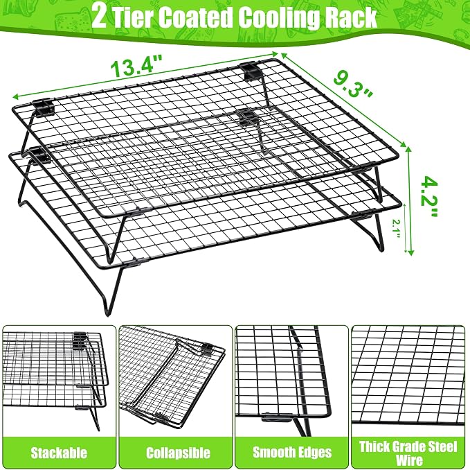 Stackable Cooling Rack for Cooking and Baking, 2 Pack Wire Cooling Rack with Collapsible Legs for Cooling Cookie, Cake, Pizza, Roasting, Grilling, Drying(13.4"*9.3")