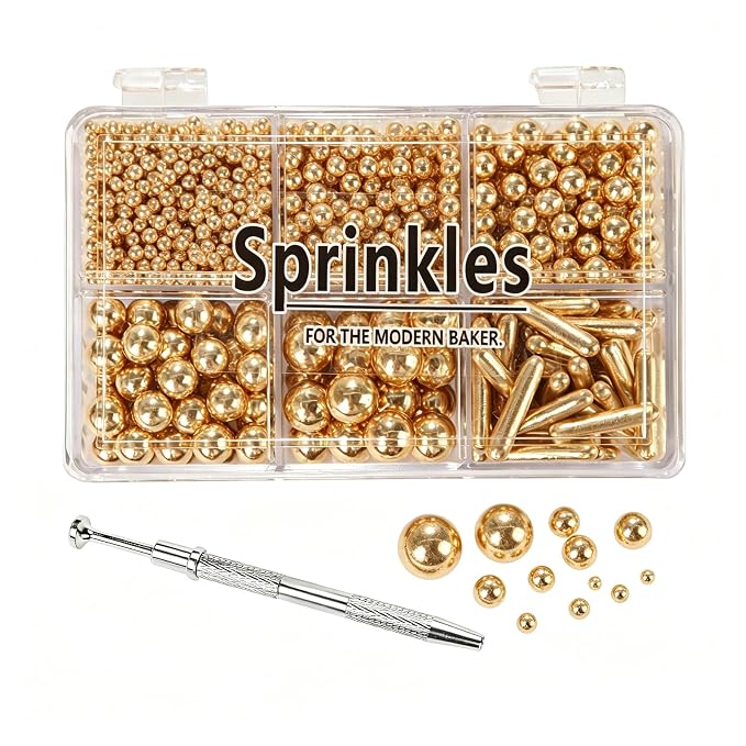 Weraru Edible Gold Pearl Sprinkles Candy Mixing Size Baking Edible Cake Decorations Cupcake Toppers Cookie Decorating Celebrations Wedding Shower Party Chirstmas Supplies 120g/ 4.2oz