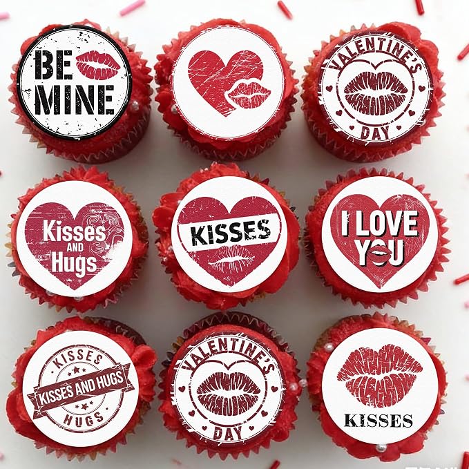 36PCS Edible Be Mine Cupcake Toppers Wafer Paper Kisses and Hugs Cupcake Picks Heart Lips Print Cake Decor for Valentine's Day Theme Wedding Engagement Party Supplies