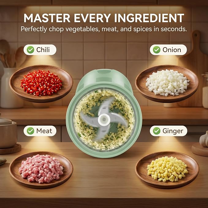TaiWaggers Mini Electric Garlic Chopper, Dual-Cup Electric Mini Garlic Chopper,Portable Wireless Food Processor for Vegetables, Onion, Ginger, Chili, Meat – Rechargeable, Splash-Proof（Light Green）