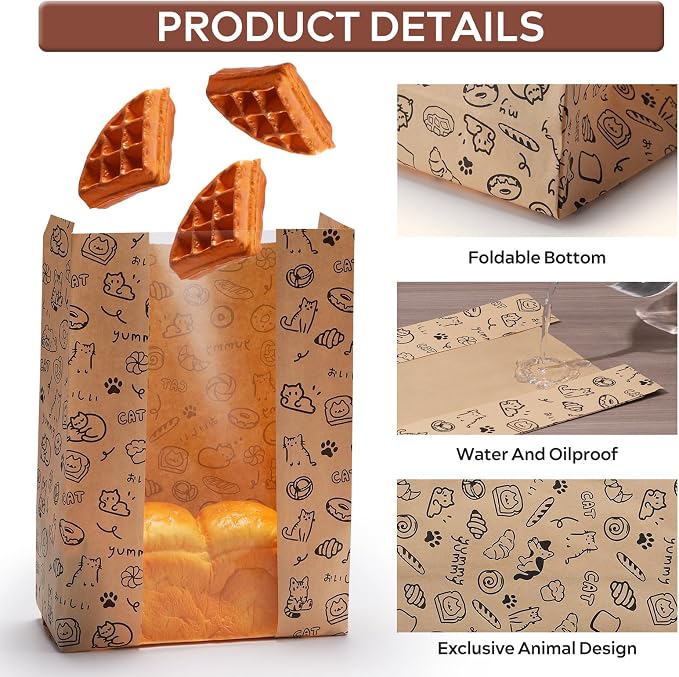 50PCS Paper Bread Bags for Homemade Bread and Sourdough, Clear Window Bakery Bags for Storage and Gifting, 50% Thicker Kraft Material, Includes Sealing Stickers