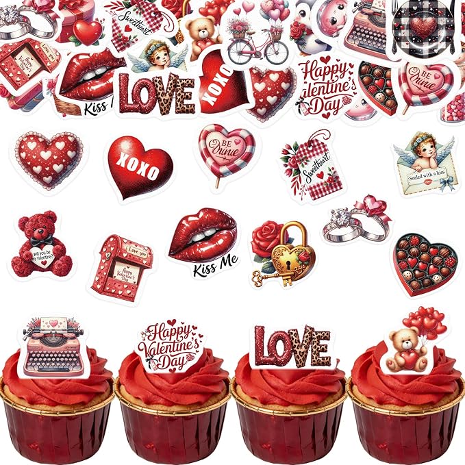 72PCS Edible Happy Valentine’s Day Cupcake Toppers Wafer Paper Sweet Love Be Mine Kiss Me Cupcake Picks Valentine’s Cake Decor for Valentine's Day Theme Wedding Party Supplies
