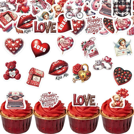72PCS Edible Happy Valentine’s Day Cupcake Toppers Wafer Paper Sweet Love Be Mine Kiss Me Cupcake Picks Valentine’s Cake Decor for Valentine's Day Theme Wedding Party Supplies