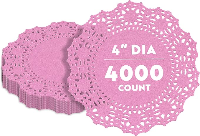 Restaurantware-Pastry Tek 4 x 4 Inch Lace Doilies, 4000 Decorative Tableware Placemats - Disposable, Round, Pink Paper Table Doilies, for Birthdays, Or Weddings, Table Decor