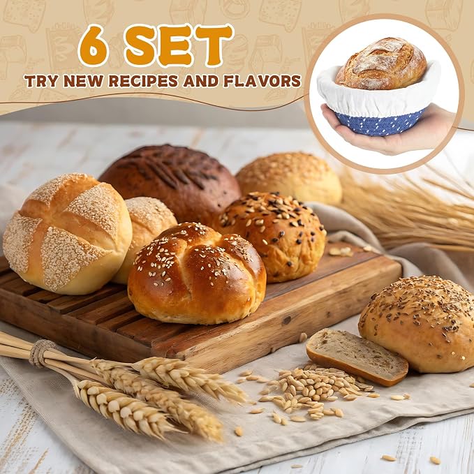 6 Set 5.5 Inch Mini Banneton Bread Proofing Basket Natural Cotton Rope Proofing Bowls Kit with Cloth Liner Small Sourdough Bread Baking Supplies for Home Baking (Blue)