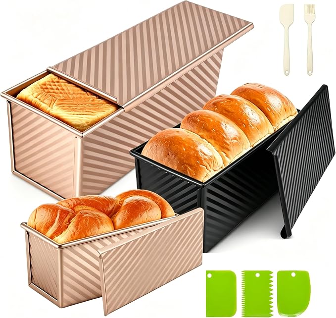 3 Pack Pullman Loaf Pans with Lids, 2.2LB & 1LB & 0.5LB Dough Capacity, Non-Stick Carbon Steel Sandwich Bread Loaf Pan for Homemade Baking Sourdough, Heavy Duty Corrugated Toast Mold, Black+Golden