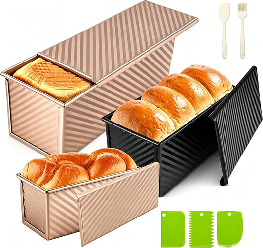 3 Pack Pullman Loaf Pans with Lids, 2.2LB & 1LB & 0.5LB Dough Capacity, Non-Stick Carbon Steel Sandwich Bread Loaf Pan for Homemade Baking Sourdough, Heavy Duty Corrugated Toast Mold, Black+Golden