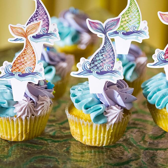 40 PCS Mermaid Tail Cupcake Toppers Double Sided Under the Sea Mini Tail Cupcake Picks Mermaid Birthday Decorations for Ocean theme Baby Shower Birthday Party Cake Decorations Supplies