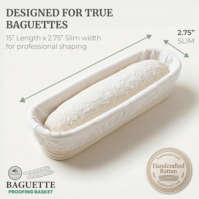 15 Inch Baguette Proofing Basket Set of 2 with Cotton Liners & Baguette Recipe eBook- Handcrafted Natural Rattan Banneton Bread Proofing Baskets for Sourdough- French Bread & Dough Rising