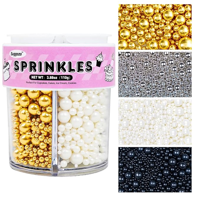 Edible Pearls, Sprinkles for Cake Decorating, Gold Silver White and Black Pearl Sprinkles, Edible Cake Decorations, Cupcake Toppers, Ice Cream Toppings, 110g/3.88oz