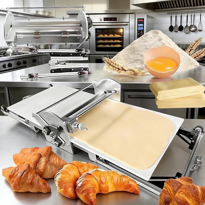 Commercial and Home Electric Dough Sheeter,40x17.7in Stainless Steel Foldable Pastry Roller with Auto Forward/Reverse,2-30mm Adjustable Thickness,for Bakery,Croissant,Puff Pastry,Pizza and Pie Crust