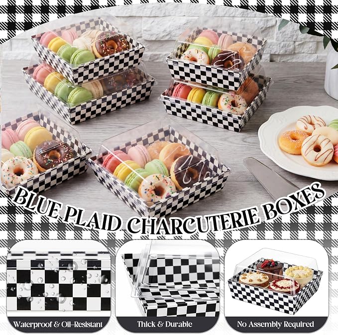 Potchen 50 Pack Checkerboard Charcuterie Boxes with Clear Lids – Classic Black ＆ White Plaid Design Boxes with Window for Cookies, Candy, and Mini Cakes – Ideal for Gift Giving & Bakery Packaging