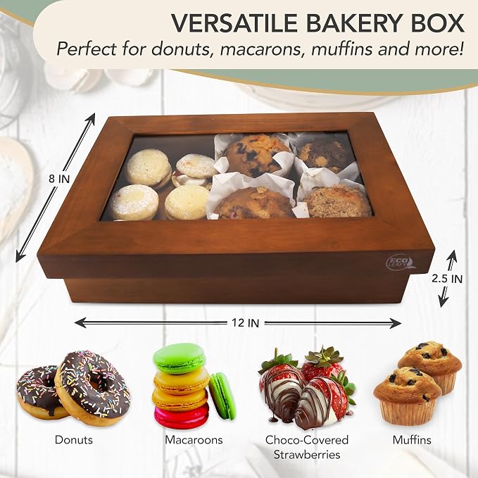 Wooden Bakery Box with Window - 12x8x2.5 Inches– Treat Boxes for Pastry, Desserts, Donuts, Muffins or Baked Goods- Comes with Reusable Canvas Bag-Ideal Baker Gifts for Women