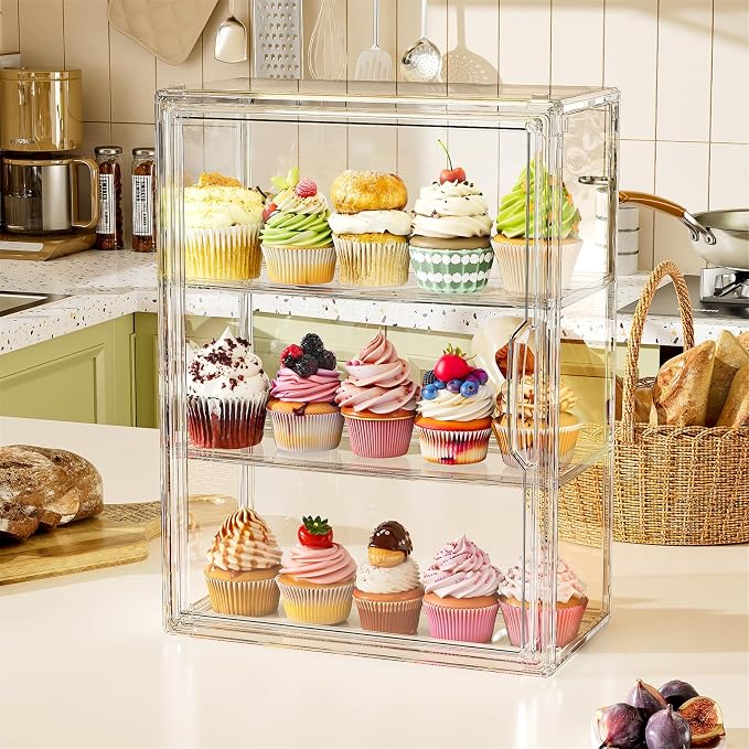 3 Tier Cupcake Stand Acrylic Cardboard Cupcake Tower Holder, Dessert Pastry Cookie Display Stand Case with Lid for Birthday Wedding Party Decoration, Large Adjustable Bread Box, M