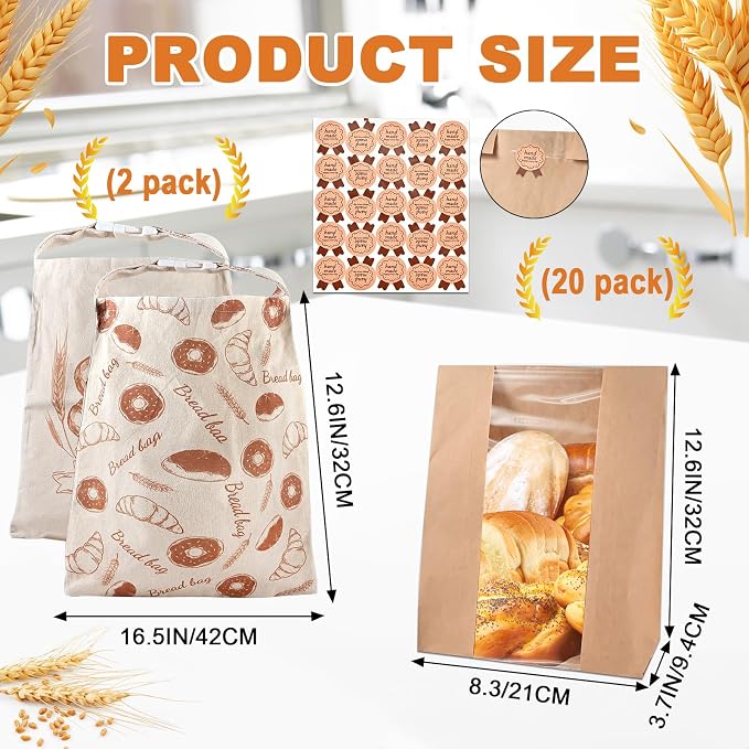 Bread Bags for Homemade Sourdough Bread, Reusable Beeswax Bags for Sourdough, 2 Pack Large Linen Bread Bags and 20 Paper Sleeves for Sourdough Baked Food Storage & Gifts