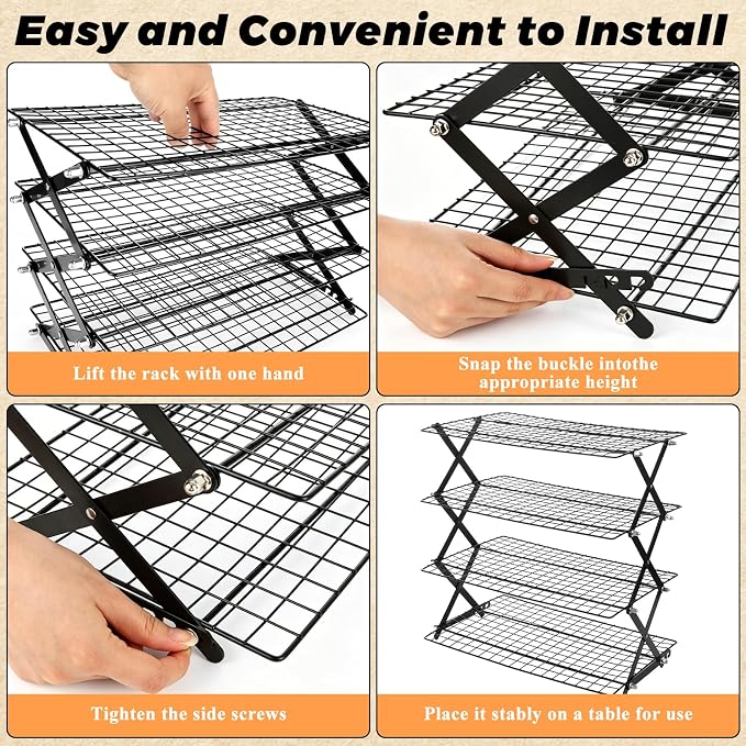 4 Tier Collapsible Cooling Racks for Cooking And Baking | 3 Setting Design, Adjustable & Stackable Cookie Cooling Racks, Dishwasher Safe Tiered Bread Cooling Rack for Picnic