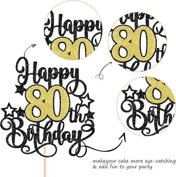 1 PCS Happy 80th Birthday Cake Topper Black Gold Glitter Cheers to 80 Years Birthday Cake Pick Hello 80 Fabulous Cake Decoration for Happy 80th Birthday Anniversary Party Decorations Supplies