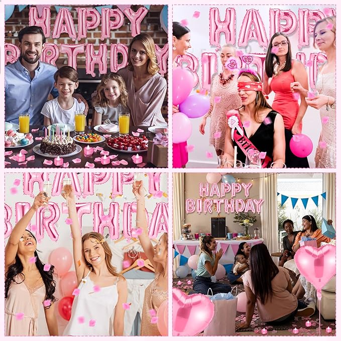 Pink Happy Birthday Balloons Decorations Happy Birthday Letter Balloons Banner Set with 24pcs Heart Flameless LED Candles and 2000pcs Artificial Rose Petals for Women Men Room Party Decor