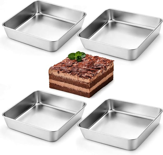 Leonyo Stainless Steel 9x9 Baking Pan, 4 Pack Metal 9IN x 9IN Square Cake Pan, Commercial Brownie Pans Baking Dish for Cornbread, Banana Bread, Lemon Bars, Dishwasher Safe