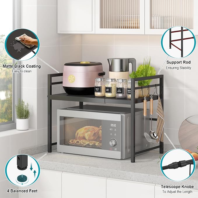 DOLALIKE Microwave Oven Rack, Expandable Microwave Stand Countertop Kitchen Utensils Tableware Storage, Carbon Steel Over Microwave Shelf Countertop with 3 Hooks