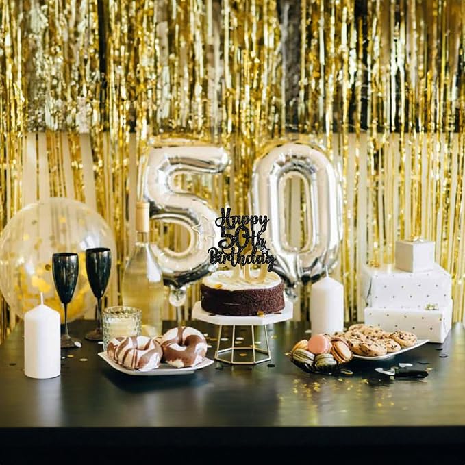 Gyufise 1Pc Happy 50th Birthday Cake Topper Glitter 50 & Fabulous Cheers to 50 Years Old 50th Birthday Cake Pick for Celebrating 50th Birthday Anniversary Party Cake Decorations Black